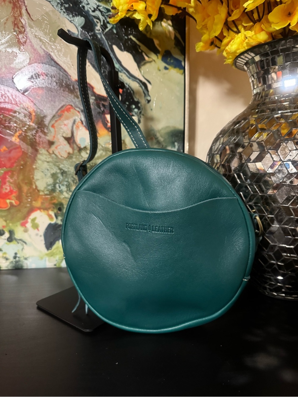 Portland Leather Teal Round Crossbody Bag